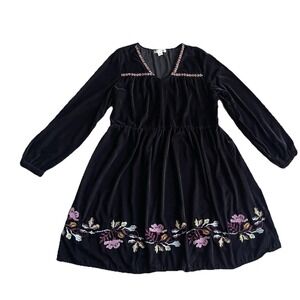 Studio West Apparel Black Velvet Embroidered Dress Large Long Balloon Sleeves